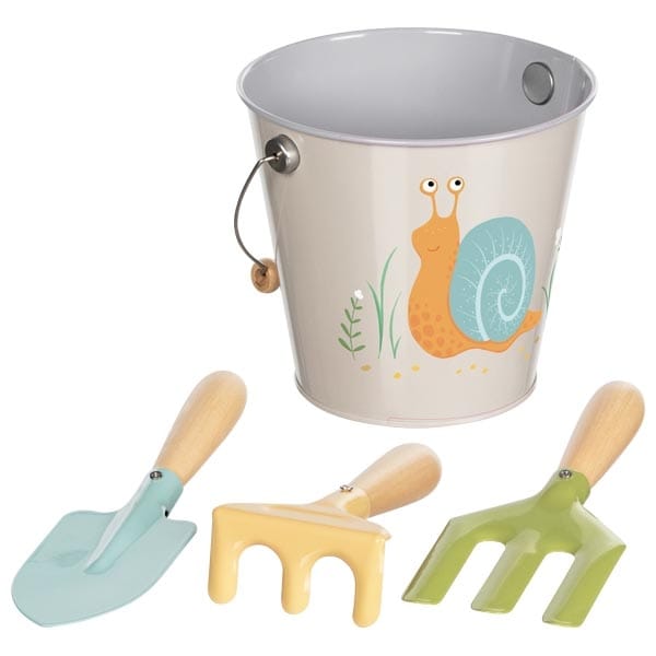 Eimer mit Gartenwerkzeug, Motiv Schnecke